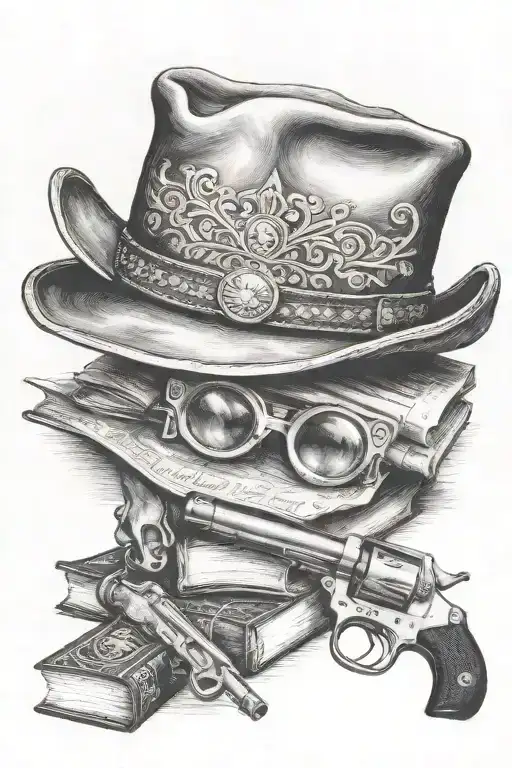 Stetson cowboy hat, books, old revolver  tattoo design idea