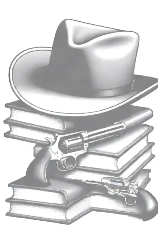 western cowboy hat, antique books, colt revolver  tattoo design idea
