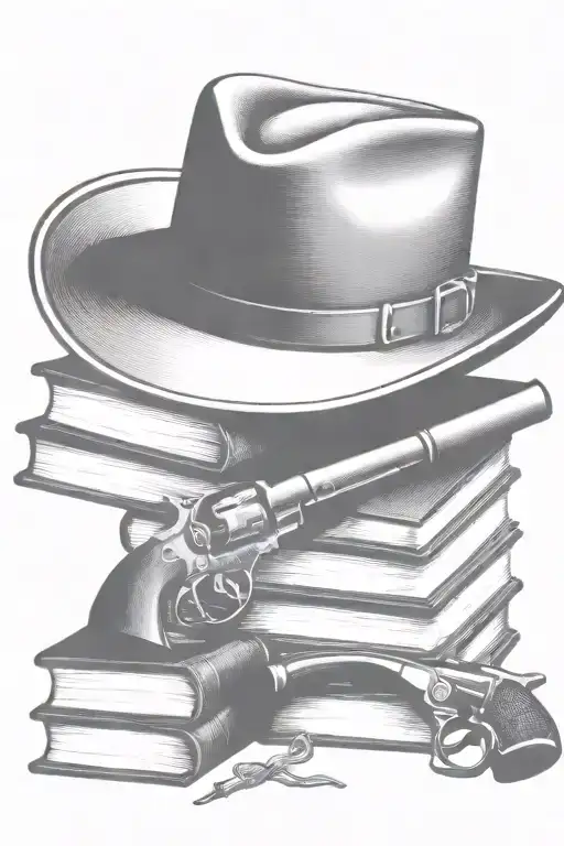 western cowboy hat, books, old revolver  tattoo design idea