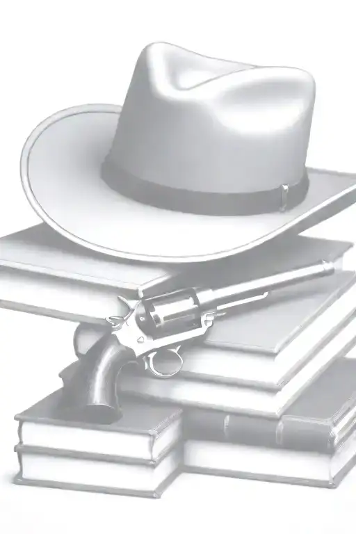 western cowboy hat, antique books, colt revolver  tattoo design idea