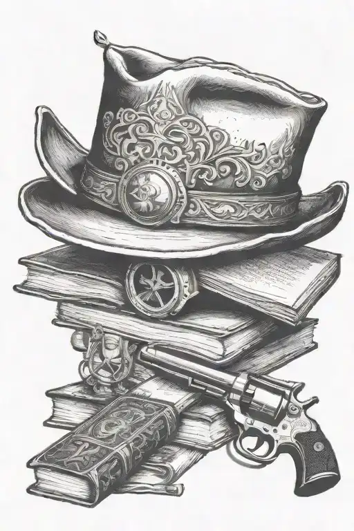 Stetson cowboy hat, books, old revolver  tattoo design idea