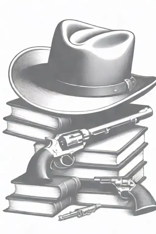 western cowboy hat, books, old revolver  tattoo design idea