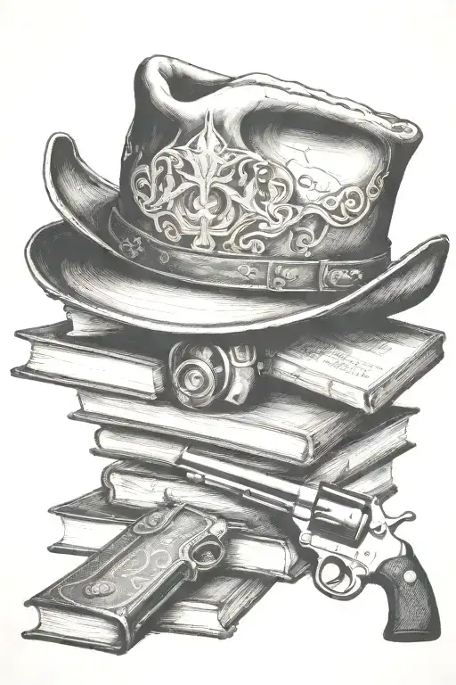 Stetson cowboy hat, books, old revolver  tattoo design idea