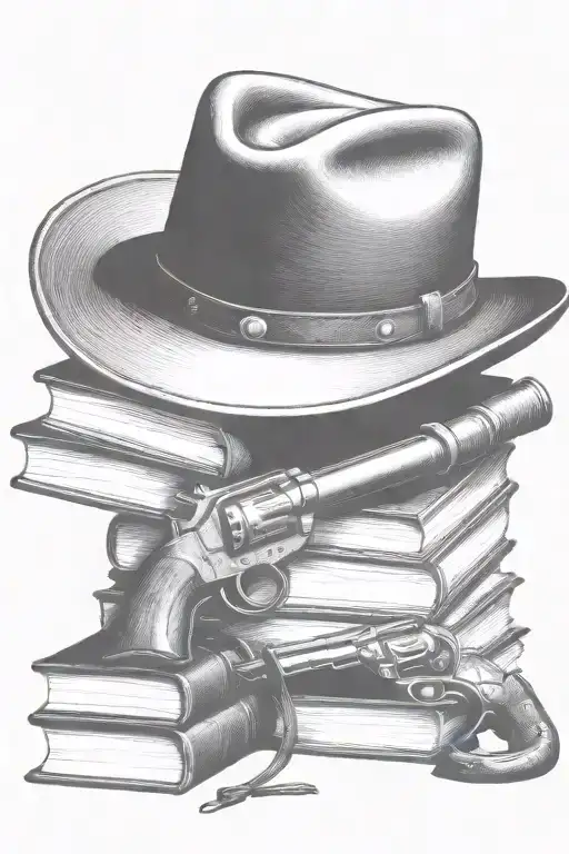 western cowboy hat, books, old revolver  tattoo design idea