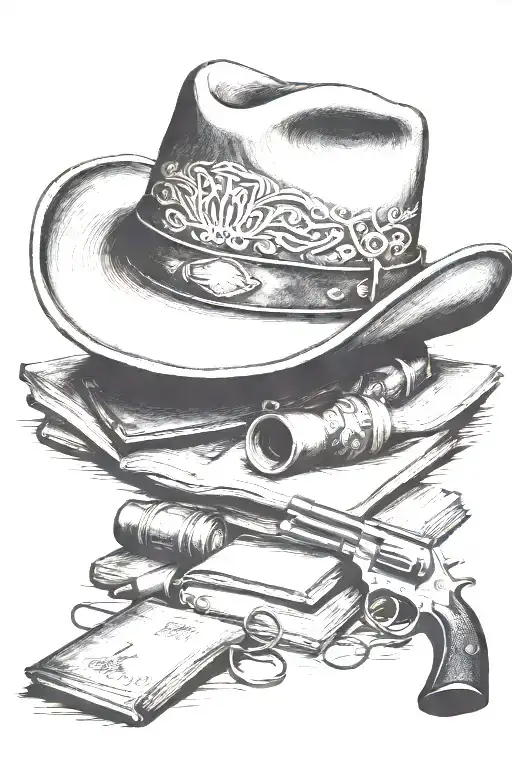 western cowboy hat, books, old revolver  tattoo design idea