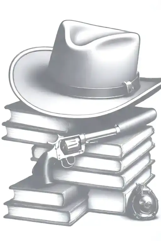 western cowboy hat, books, old revolver  tattoo design idea