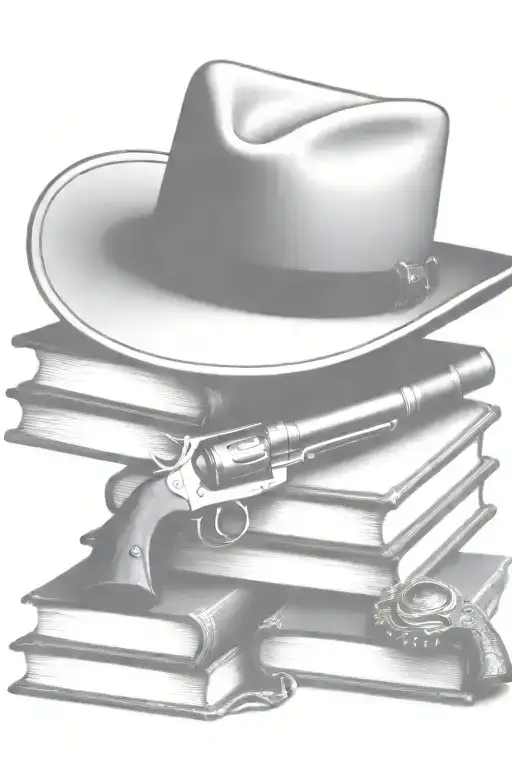 western cowboy hat, antique books, colt revolver  tattoo design idea