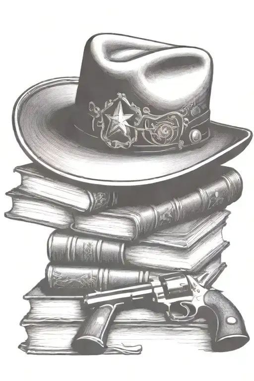 western cowboy hat, books, old revolver  tattoo design idea