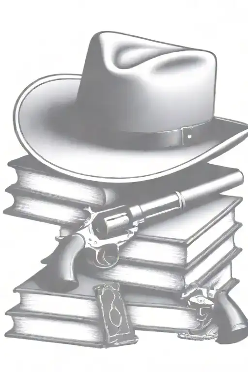 western cowboy hat, old books, old revolver civil war  tattoo design idea