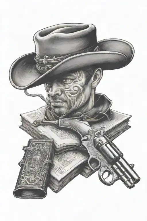 cowboy hat, books, western revolver tattoo design idea