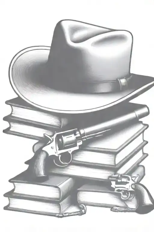 western cowboy hat, books, old revolver civil war  tattoo design idea