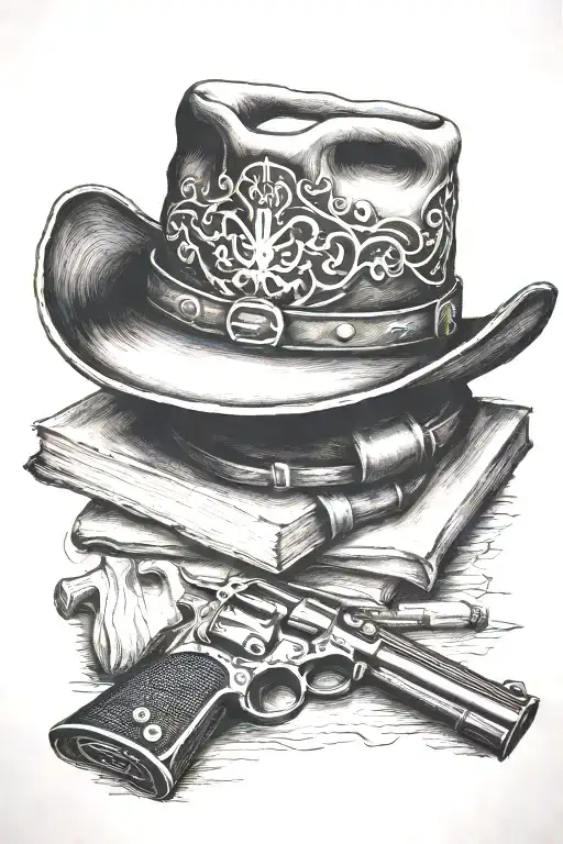western cowboy hat, books, old revolver  tattoo design idea