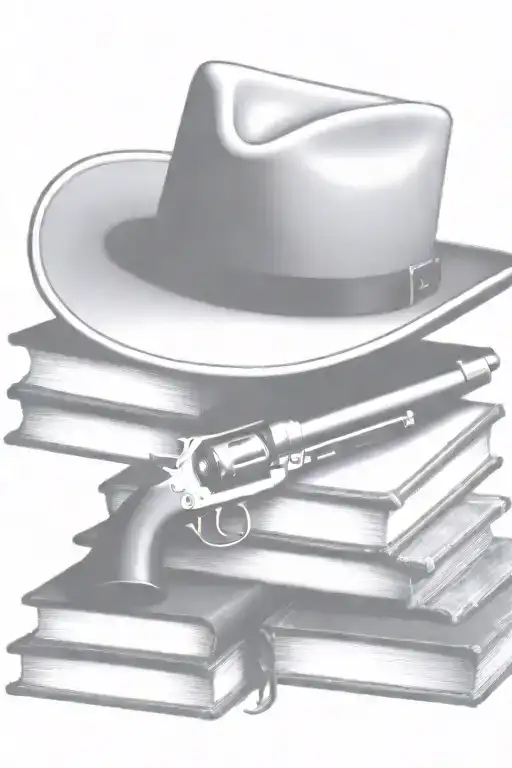 western cowboy hat, antique books, colt revolver  tattoo design idea