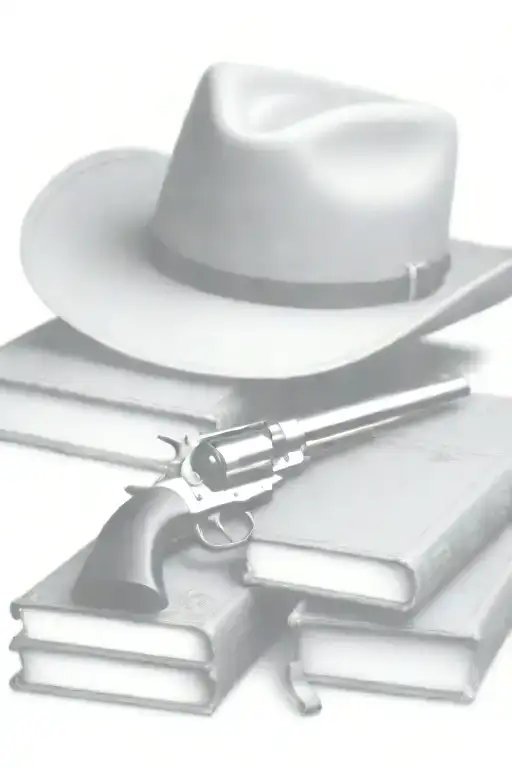 western cowboy hat, antique books, colt revolver  tattoo design idea