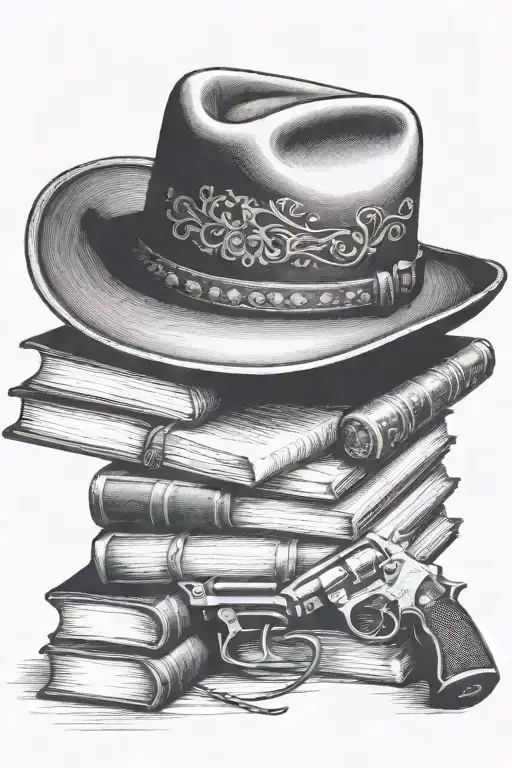 western cowboy hat, books, old revolver  tattoo design idea