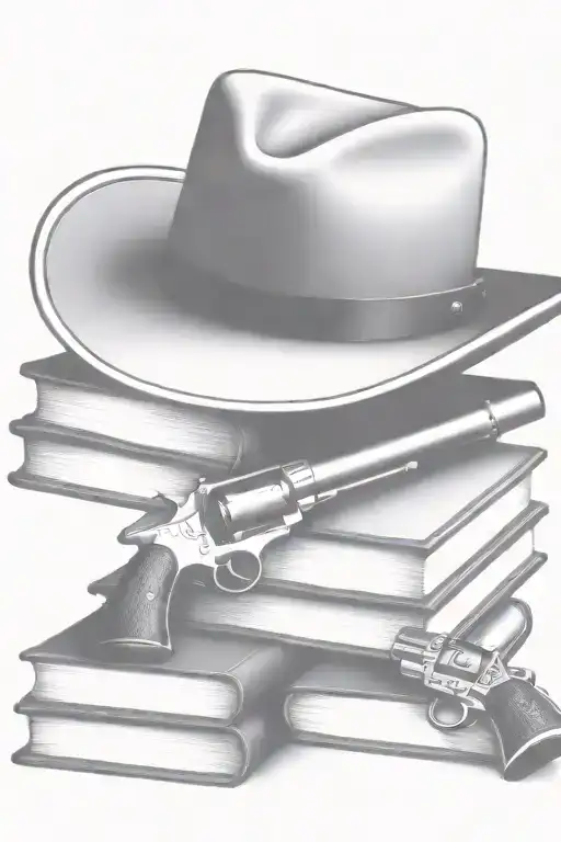 western cowboy hat, old books, colt revolver  tattoo design idea