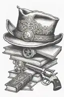 Stetson cowboy hat, books, old revolver  tattoo design idea
