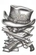 Stetson cowboy hat, books, old revolver  tattoo design idea