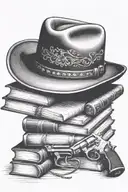 western cowboy hat, books, old revolver  tattoo design idea