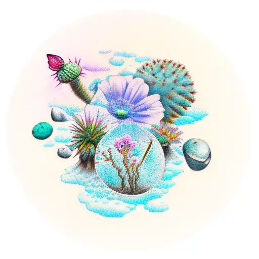 A colorful tattoo of various desert flowers blooming along a riverbank, with topography lines adding depth to the scene, capturing the client's passion for both water and desert landscapes tattoo design idea