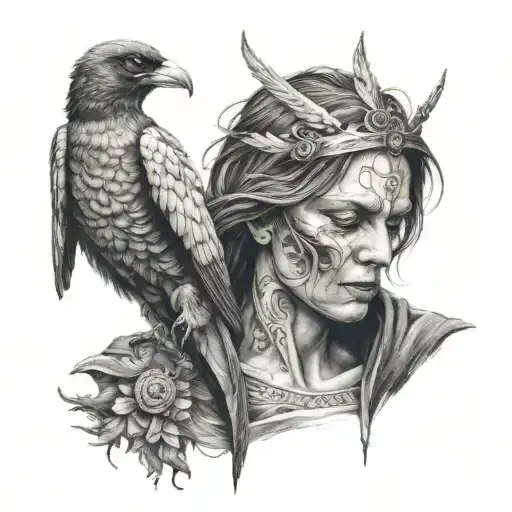 Angel death with a Thieve magpie on the shoulder tattoo design idea