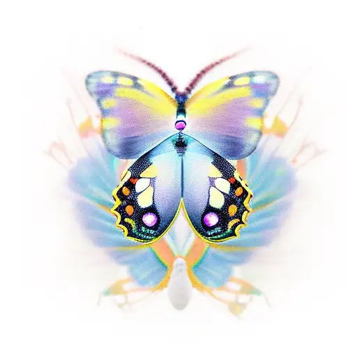 • Semicolon butterfly with eyes on it's wings pearched on an azure gladiolus in the dreamy Romantic Art style highlights tattoo design idea