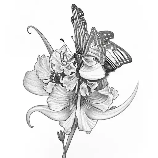 Butterly with a semicolon body and eyes on it's wings perched on an azure gladiolus  tattoo design idea