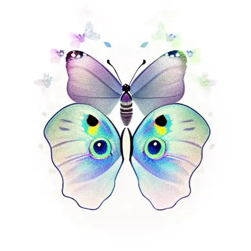 • Semicolon butterfly with eyes on it's wings pearched on an azure gladiolus in the dreamy Romantic Art style highlights tattoo design idea