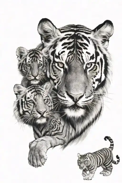 a tiger dad with 3 cubs  tattoo design idea