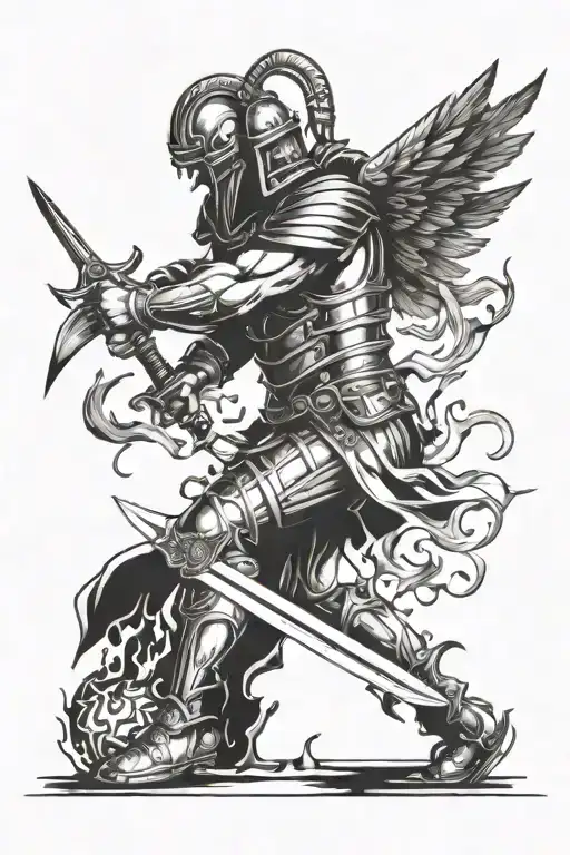 gladiator angel sticking knife into the fiery floor tattoo design idea