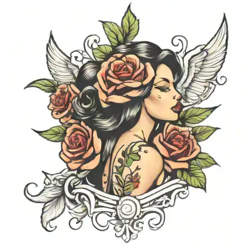 Girl, money and roses growing tattoo design idea