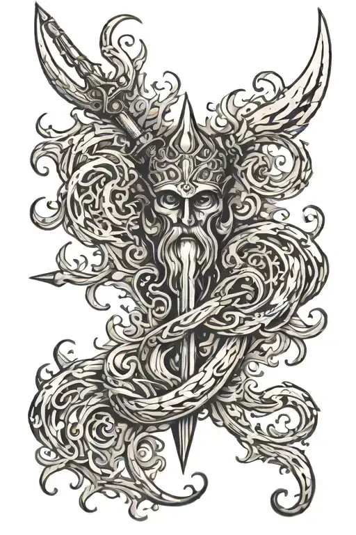 The tattoo features a narrow and long Poseidon's trident engulfed in flames, rendered in black ink. The trident's intric tattoo design idea