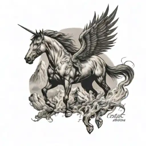 horse and mountains rising Phoenix from fire tattoo design idea