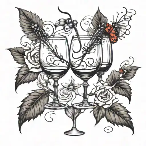 3 wine glasses with a stem that surrounds it and turns into a thread and the tip ends in a needle and glasses tattoo design idea