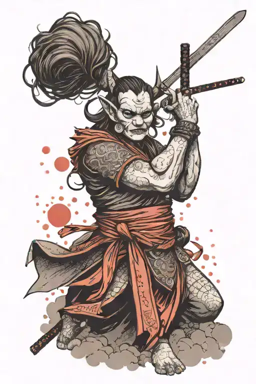 beautiful ogre woman with samurai horns with a katana in her hands and on a red sunset in full height tattoo design idea