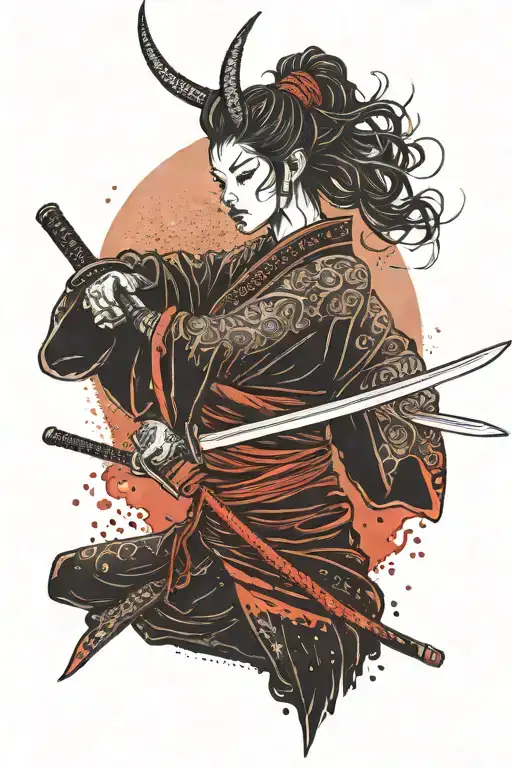 beautiful woman with samurai horns with a katana in her hands and on a red sunset in full height tattoo design idea