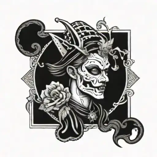 The Fool tarot card with a mask overlay tattoo design idea