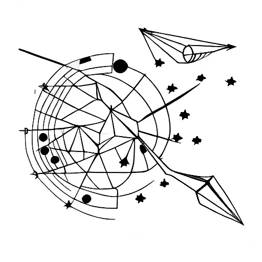 Paper airplane, leaving the tail the Sagittarius constellation and planets tattoo design idea