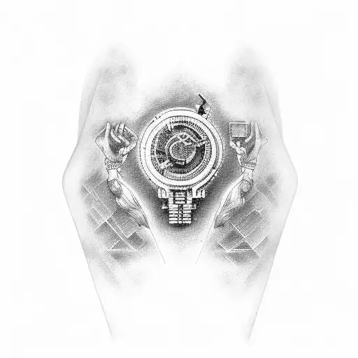 arm wraparound tattoo featuring technology, computer chips in a dotwork style tattoo design idea