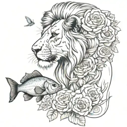 lion and fish and roses tattoo design idea