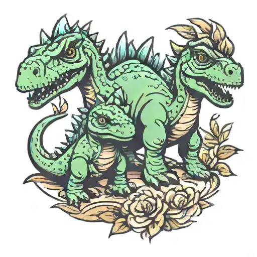 cute two baby dinosaurs  single outline with mom dinosaur  tattoo design idea