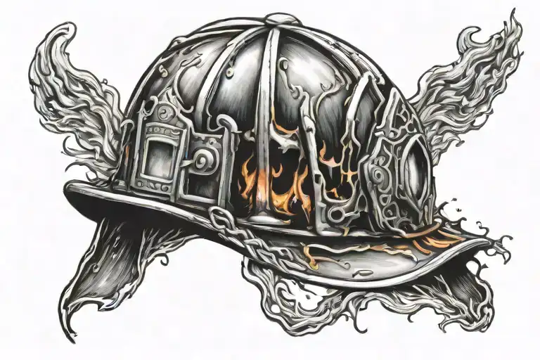 charred and melted firefighter helmet  tattoo design idea