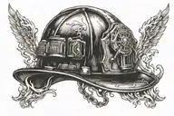 charred and melted firefighter helmet  tattoo design idea