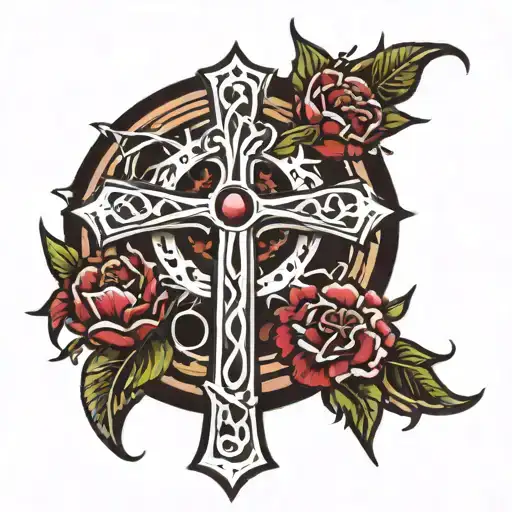 Catholic cross with crown of thorns and burgundy carnations tattoo design idea