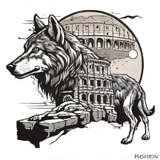 Two Wolves walking on stone, with the colosseum and full moon in the background.  tattoo design idea