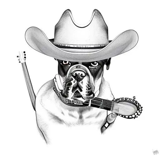 A cowboy hat-wearing dog playing a banjo in a country music scene tattoo design idea