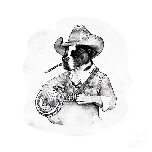 A cowboy hat-wearing dog playing a banjo in a country music scene tattoo design idea