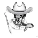 A cowboy hat-wearing dog playing a banjo in a country music scene tattoo design idea