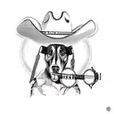 A cowboy hat-wearing dog playing a banjo in a country music scene tattoo design idea