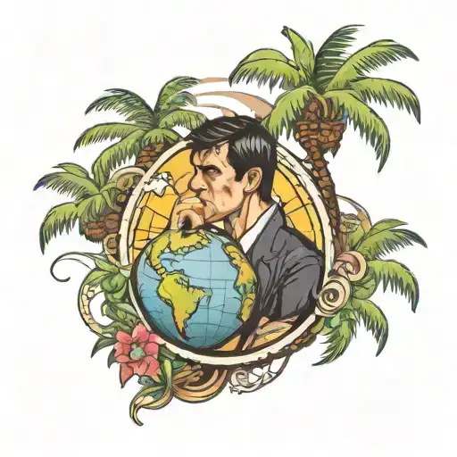 Scarface with the globe of the world is yours in the back with some palm trees tattoo design idea